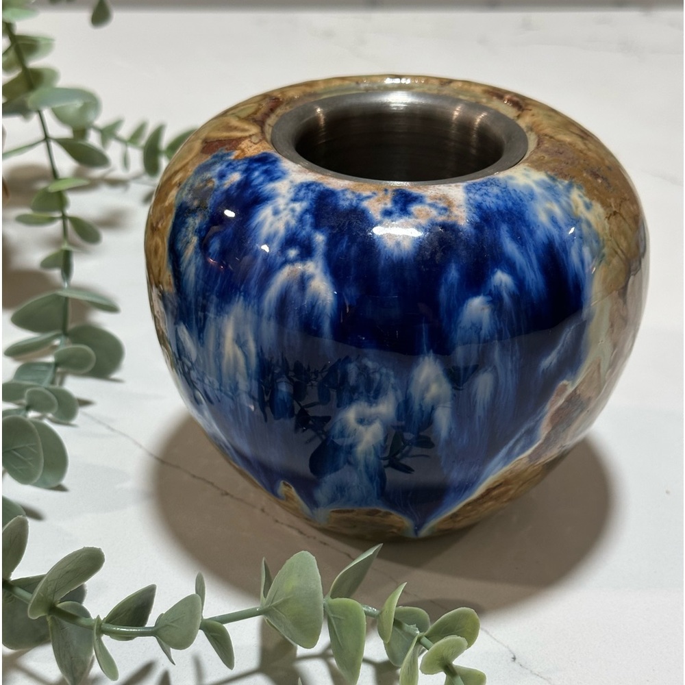 Drip glazed candle holder with metal insert Blue and brown modern candle holder
